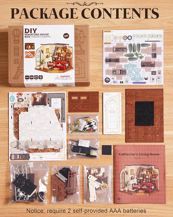 ROBOTIME DIY Miniature House Kit, Mini Dollhouse Kit, Tiny House Kit for Adults, Wooden Furniture Kit with LED, Halloween/Christmas/Birthday Gifts for Family/Friends(Catherine's Living Room)