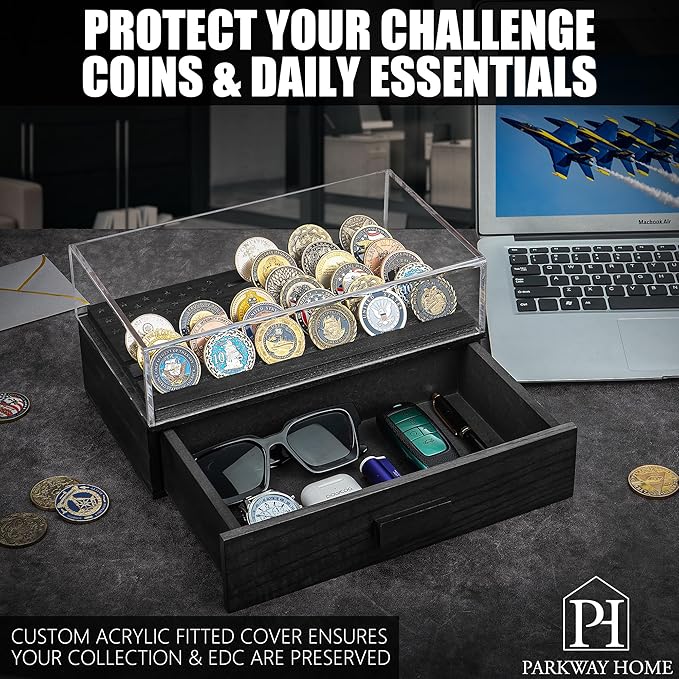 Black Military Challenge Coins Display Holder with American Flag,Solid Wood Challenge Coin Stand with Drawer,Challenge Coin Display Case for Collector, Military Coin Holder Rack for Desk