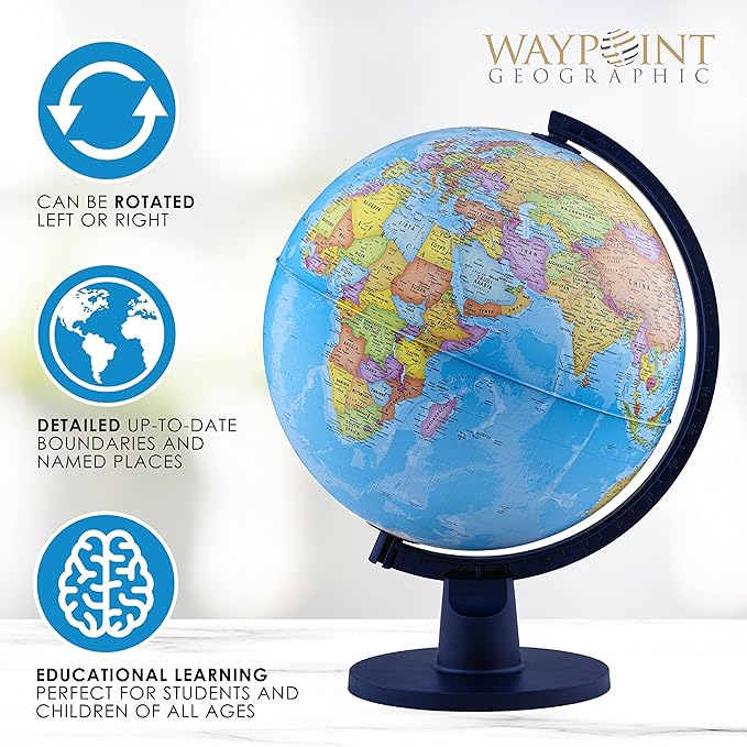 Waypoint Geographic Scout+ Illuminated Map, Kids Interactive Globe with Stand, More than 4000 Places, 12', Bonus Map Included, Blue
