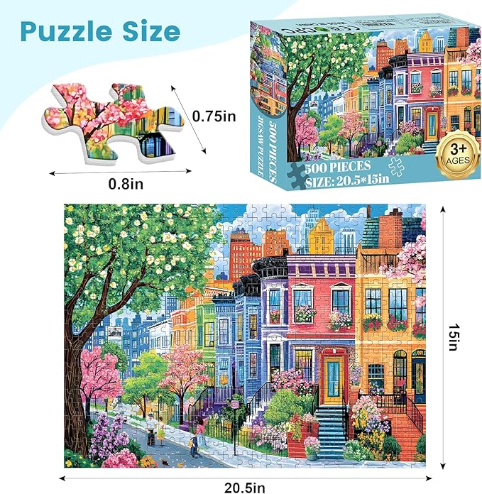 500 Pieces Puzzles for Adults, Spring Puzzle for Adults Children Elderly, Colorful Street Jigsaw Puzzle, Recycled Paper Puzzle 500 Pieces, Family Activity Game Nights Gifts 20.5x15 in