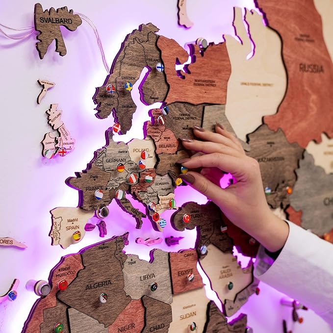 Enjoy The Wood 3D Wood World Map LED 3.0 Wall Art Modern Home Decor Gifts LED Lighting Wall Decor Housewarming Gift (Fusion)