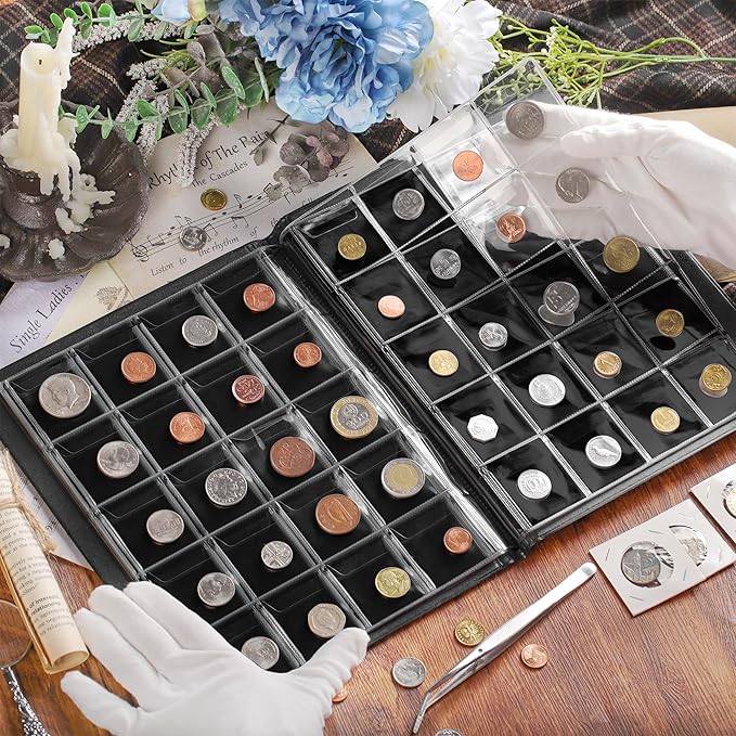 200 Pockets Coin Albums - 45x45 mm/1.8x1.8 inch Pocket Green Coin Book 10 Pages Coin Collection Holder Letter Size Coin Storage Book CS0220GR