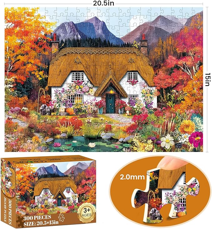 300 Piece Puzzles for Adults,Pumpkin Cottage Puzzles for Kids Teen Adults,Autumn Forest Scenery Jigsaw Puzzle 300 Pieces,Interlock Perfectly Letter on Back,Family Activity Game Night Gifts,20.5x15 in