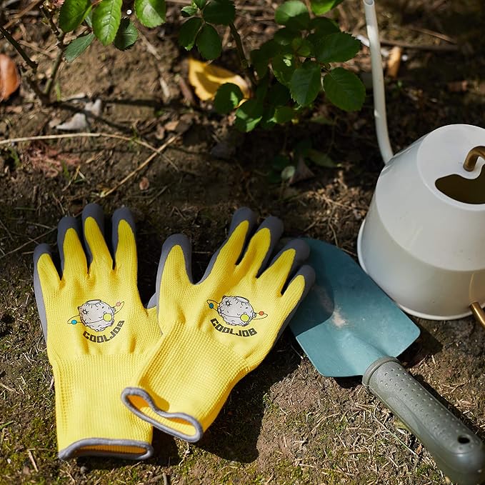 COOLJOB 3 Pairs Kids Gardening Gloves for Age 3-5, Children Grippy Rubber Coated Garden Work Gloves, Orange & Green & Yellow, Small Size (3 Pairs S)
