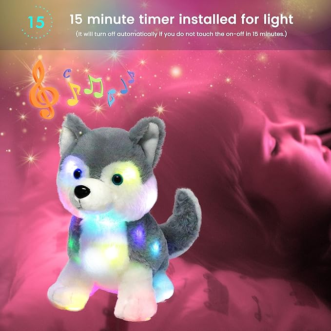Hopearl LED Musical Stuffed Husky Lighting Up Singing Plush Dog Adjustable Volume Lullaby Animated Soothe Birthday Gifts for Kids Boys Girls, Gray, 12''