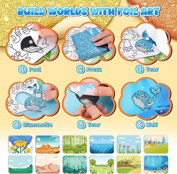 sinceroduct Foil Art Kit for Kids, Foils Arts and Crafts for Kids Age 4-8,Travel Toys Supplies,Foil-Foam Stickers,Birthday Gifts for Boys & Girls,Mess Free Coloring Card Set.