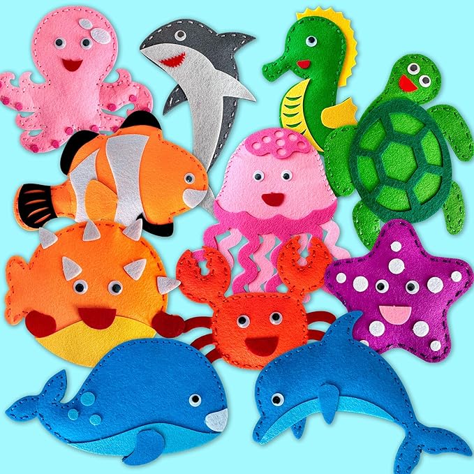 QUOKKA Kids Crafts Ages 4-8, DIY Beginner Needle and Thread Kit - 12 Sea Animals Sewing Kit Basic - Fun Arts Crafts for Kids Ages 6-8 Girls Boys - Plastic Needles, Scissors - 6+ Year Old Girl Gifts