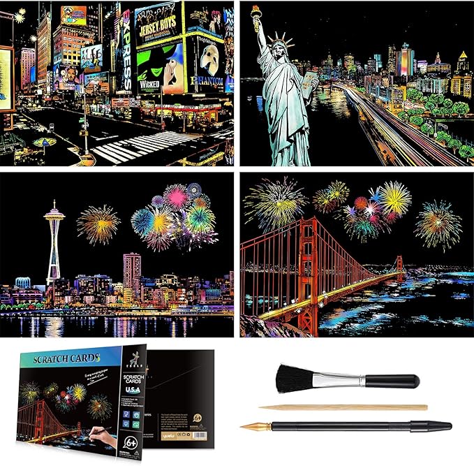 Rainbow Scratch Art Painting Paper (A4) for Adults & Teens, Night View Scratchboard Set:4 Sheet Scratch Cards, Clean Brush, Drawing Pen(Times Square/Golden Gate Bridge/Seattle/Statue of Liberty)