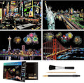 Rainbow Scratch Art Painting Paper (A4) for Adults & Teens, Night View Scratchboard Set:4 Sheet Scratch Cards, Clean Brush, Drawing Pen(Times Square/Golden Gate Bridge/Seattle/Statue of Liberty)