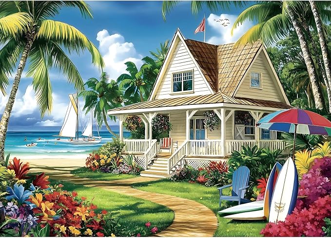 Beach House Paradise 1000 Piece Jigsaw Puzzle for Adults - Tropical Ocean Scene with Palm Trees, Sailboats & Coastal Cottage - Challenging Puzzle Games, Summer Beach Landscape, Nature Scenery Art