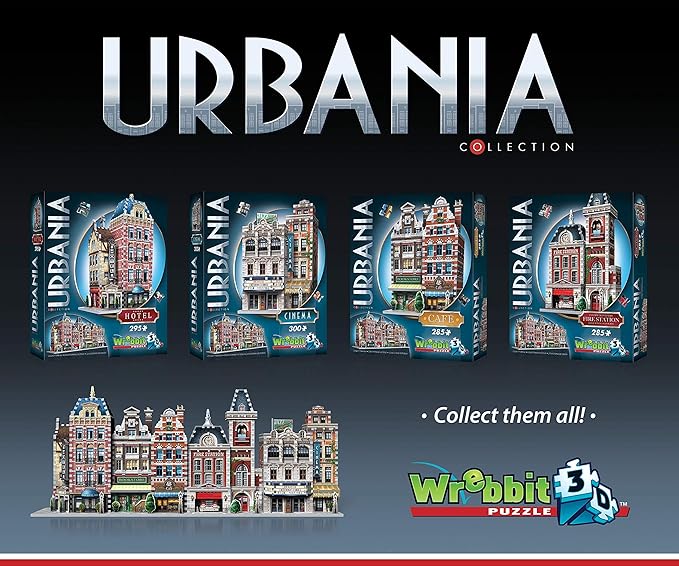 Wrebbit 3D Urbania Collection 3D Puzzle Bundle | Includes Hotel, Cinema, Café and Fire Station | 1165 Pieces Jigsaw Puzzle Pieces Total | Build a Charming and Unique Streetscape of a Small Town