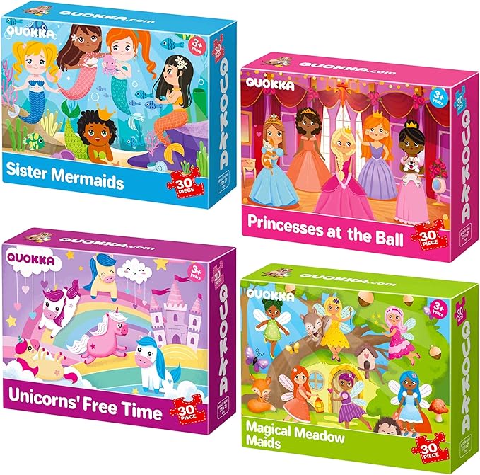 QUOKKA Puzzles for Toddlers 3-5 – Shimmer 4-Pack 30 Pieces Puzzles for Kids Ages 2-4 - Fairy Tale Jigsaw Set with Princess Unicorns for Kids 4-6 Years, Gift for 3 Year-Old Boy Girl, FSC Certified Toy