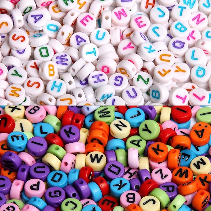 1900pcs 7 Colors Round Letter Beads Acrylic Alphabet Number Beads with 1 Roll Elastic Crystal String Cord for Jewelry Making DIY Necklace Bracelet (7x4mm)
