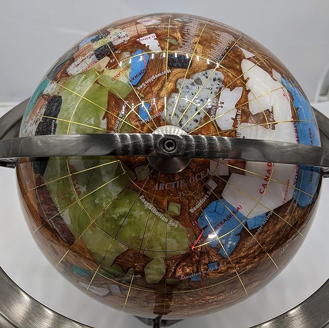 unique art since 1996 Limited Edition! unique art since 1996 Amber Pearl Swirl Table Top Gemstone World Globe with Tripod Silver Zinc Alloy Stand (220MM/9 INCHES/Amber Ocean)