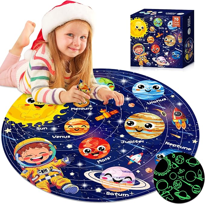 ZIZZ Puzzle for Kids Ages 4-6: Glow in The Dark Solar System Jigsaw Puzzles 70 Piece Space Planets Large Floor Puzzle for Kids 3-10 Years Old Educational Toy Gift for Boys Girls Birthday Christmas
