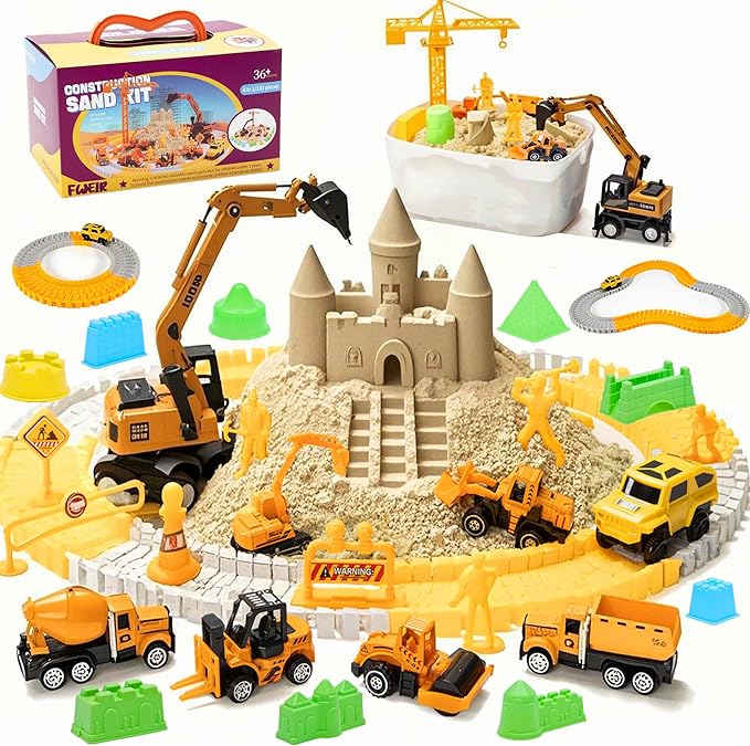 Play Construction Sand Kit, 2.2lbs Magic Sand, 6 Alloy Trucks,1 Big Semi-automatc Excavator,1 Race Truck 100 Tracks,10 Castle Molds,1 Sandbox mat,1 Storage Box, Sensory Toys for Kids Ages 3+