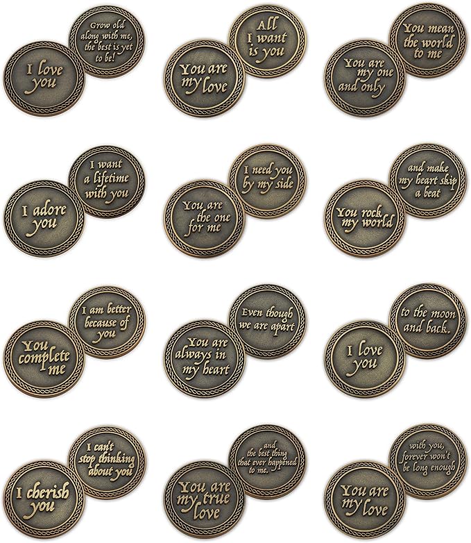 Romantic Love Expression Antique Gold Plated Coins for Date Night, Pack of All 12 Valentine Coins for Significant Other, Love Gift for Men and Women, from Him or Her