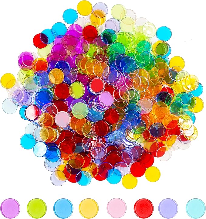 Hebayy 500 Transparent 8 Color Clear Bingo Counting Chip Plastic Markers (Each Measures 3/4 inch in Diameter)