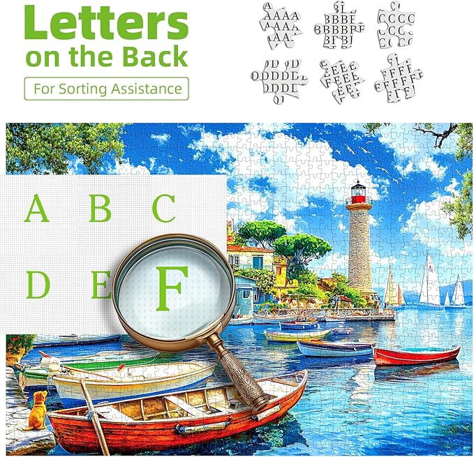 1000 Piece Jigsaw Puzzle for Adults Seaside Harbor Colorful Houses Lighthouse Sailboats Scene Beautiful Mediterranean Sea Landscape Challenging Coastal Village Puzzle for Adults Families27.6 x19.7