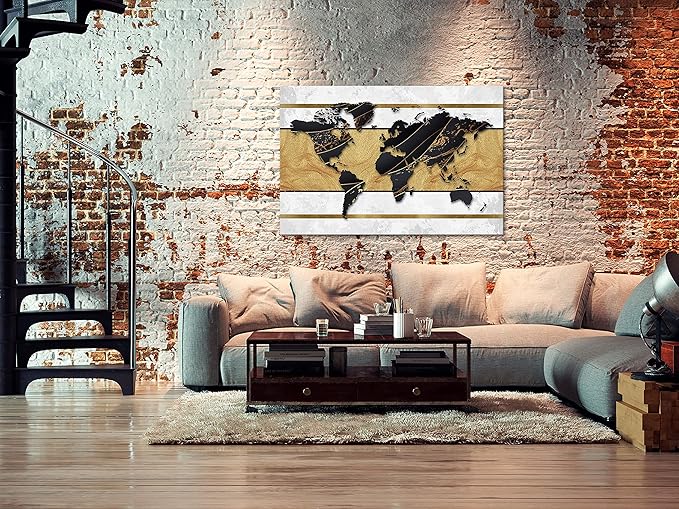 artgeist Textured Canvas Wall Art World Map 35x24 in - 1pcs Painting Canvas Prints Picture Artwork Image Framed Contemporary Modern Photo Wall Home Map Continent Black White k-A-0515-b-a