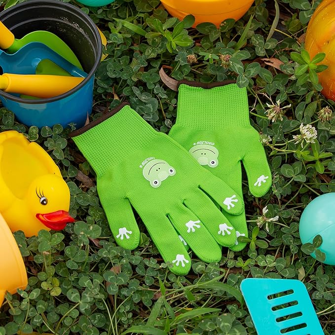 COOLJOB Small Toddler Gardening Gloves for Little Boys Girls Ages 2-4, Breathable Kids Work Gloves with Grippy Animal Paw Dots for Children Yard Landscape, Green Frog, 1 Pair