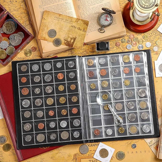 350 Pockets Coin Albums - 35x30 mm/1.3x1.1 inch Pocket Red Coin Book 10 Pages Coin Collection Holder Letter Size Coin Storage Book CS0235RE