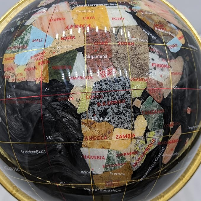 Limited Edition! Unique Art Since 1996 Black Pearl Swirl Table Top Gemstone World Globe with Tripod Gold Zinc Alloy Stand (BLACK PEARL WITH GOLD TRIPOD)