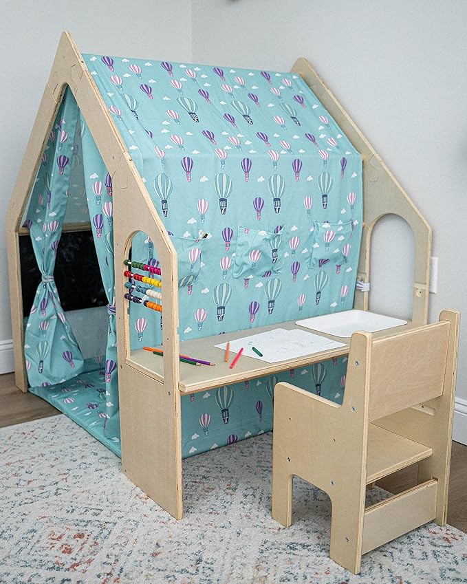 Avenlur Flair - 5 in 1 Indoor Playhouse with Desk Table, Chair, Chalkboard, Floor Cushion and Curtain Shades - Montessori and Waldorf Style for Ages 1 to 8 Years Old - (Large, Colorful Balloons)