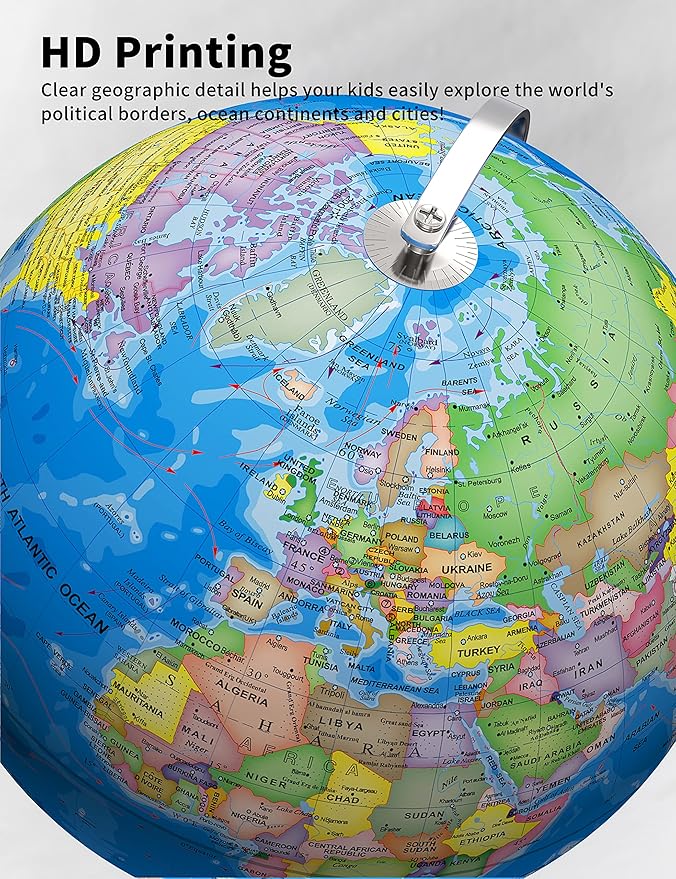 Illuminated World Globe with Stand, 13" Earth Globes with Stable Heavy Metal Base for Kids Classroom Learning, LED Constellation Globe Night Light with HD Printed Map