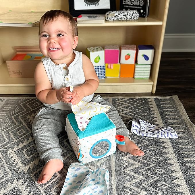 Quiggly Soft Fabric Tissue Box Toy for Babies- Montessori Sensory Development Toy for 6-12 Month Olds - 100% Cotton, Crinkle Tissues, Ribbon Details, Safety Mirror- Ideal for Infant Gross Motor Skills