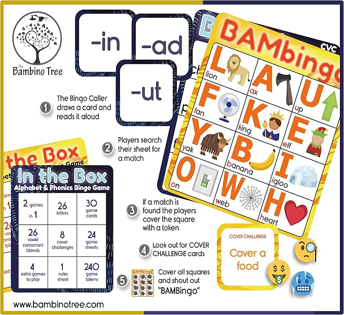 THE BAMBINO TREE Alphabet and Phonics Bingo - ABC Learning Letter Recognition and CVC Words with Pictures - Phonics Games for Kids Ages 3-7 yrs Preschool Kindergarten