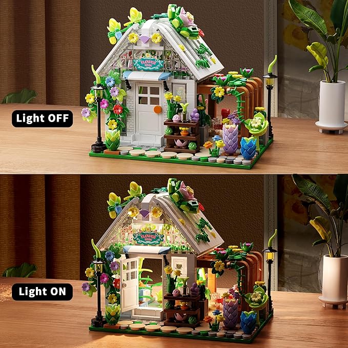 TGL Flower House Building Set with Lights,Garden House Building Toy Kits Compatible with Trend,Creative Greenhouse Playset,Christmas Birthday Gift for Adults or Girls 8-12 Years(719PCS)