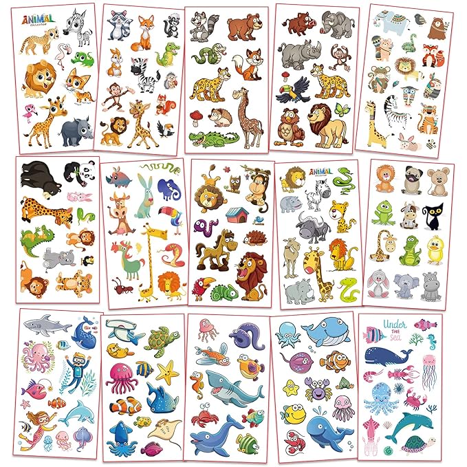 Waterproof Temporary Tattoos For Kids - 350 Pieces | Animals, Insects and Sea Animals | Temporary Tattoo Sheets for Boys | Party Favor for Goody Bags | Non-toxic、Skin-Safe*、Cosmetic-Grade