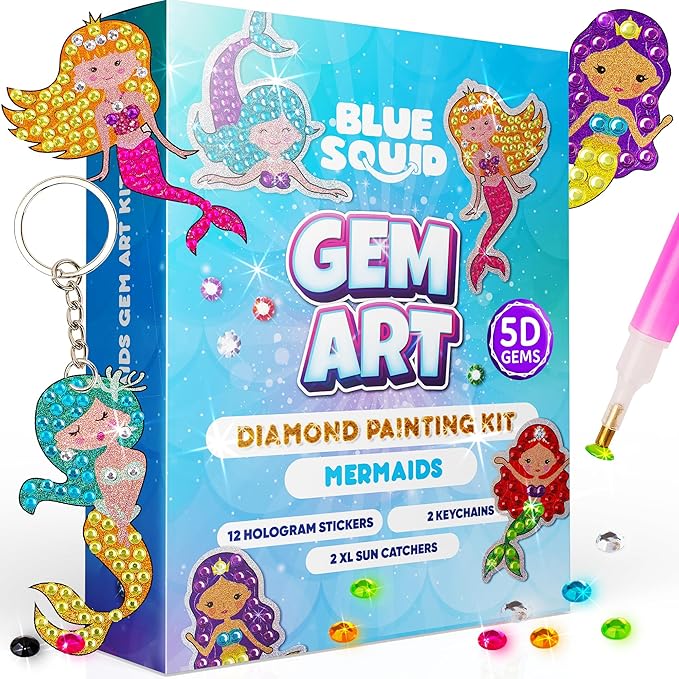 Blue Squid Diamond Art Kits for Kids – Mermaid - Fun & Easy DIY 5D Gem Art Gift Set for Keychains, Stickers, Sun Catchers - Diamond Painting Kit Arts & Crafts Kit for Kids, Girls, Boys Ages 6-12