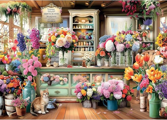 1000 Piece Jigsaw Puzzle for Adults - Colorful Flower Shop Scene with Cat, Premium Quality Cardboard Puzzles for Adults & Family, Challenging Adult Puzzle Games, 27x20 Inches Finished Size