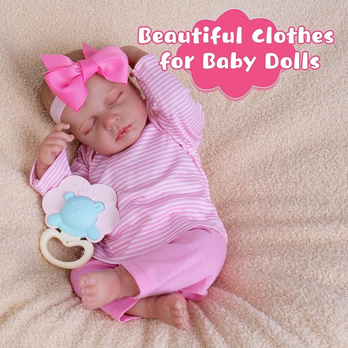 Reborn Baby Doll Accessories Pink Baby Doll Clothes 17-22 Inches Reborn Dolls Cute Newborn Outfits Gift Set for Realistic Dolls