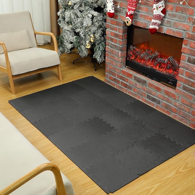 Nuanchu 60 Pcs Kids Foam Puzzle Floor Mat Bulk Solid Color Foam Play Mat with Borders Interlocking Multi Use Floor Rug for Baby Toddler Children Crawling Exercise Playroom 12 inch (Black)