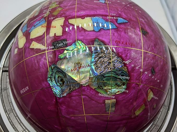 Limited Edition! Unique Art Since 1996 Pink Pearl Swirl Table Top Gemstone World Globe with Silver Zinc Alloy Stand (220MM/9 INCHES 4 LEG/PINK PEARL)