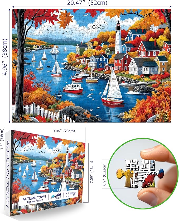 Puzzles for Adults 500 Pieces Autumn Town Jigsaw Puzzles for Adults Beautiful Fall Seaside Landscape Puzzles 500 Pieces Challenging Family Puzzle for Women Men Seniors Size is (21"x15")