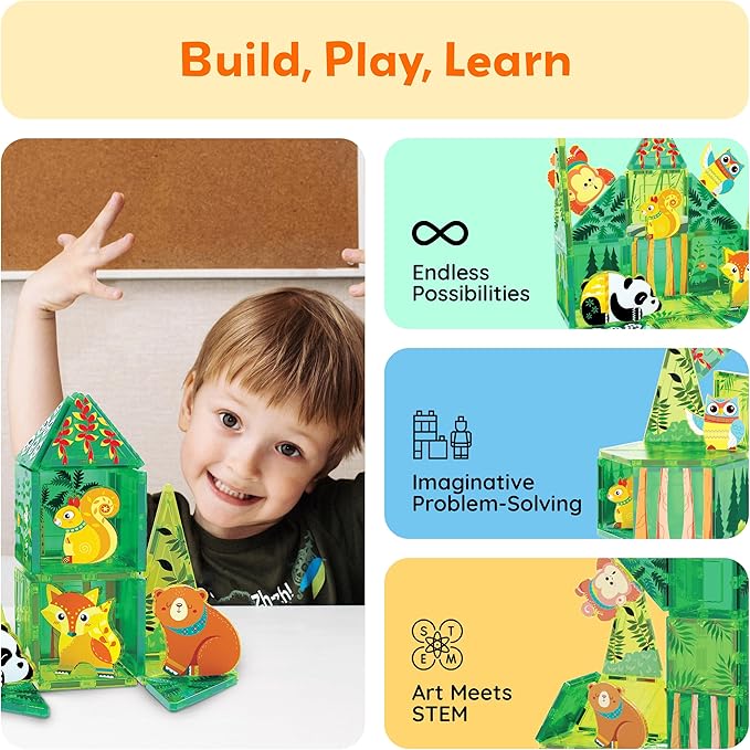 PicassoTiles Magnet Tile Building Blocks Forest Animal Themed Playset with 8 Character Action Figures Educational STEM Learning Construction Kit Pretend Play Magnetic Tiles Toddler Kids Ages 3+ PTQ26