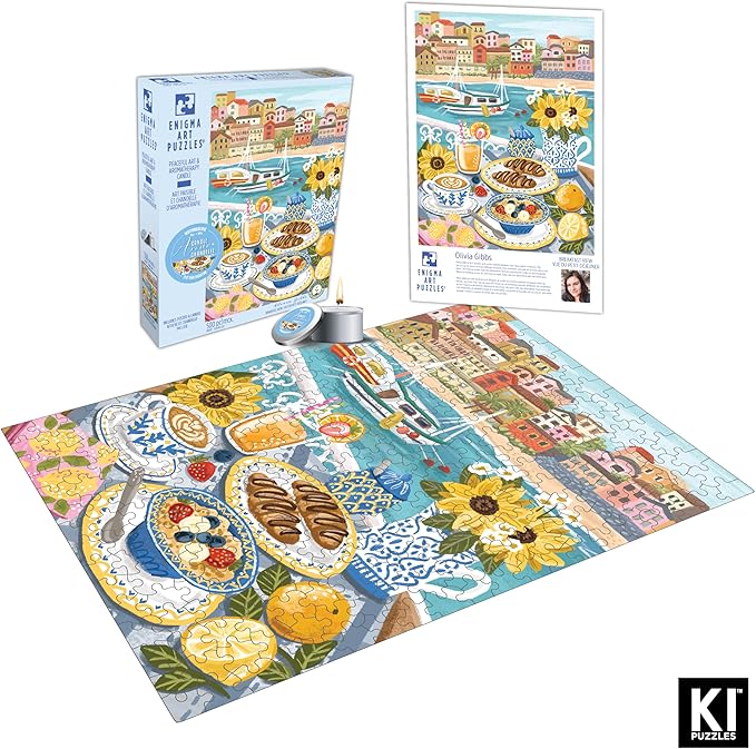 KI Puzzles 500-Piece Jigsaw Puzzle – Aromatherapy Blueboard with Candle – Cozy Olivia Gibbs Breakfast View – 24x18 Relaxing Hygge Puzzle for Adults & Teens