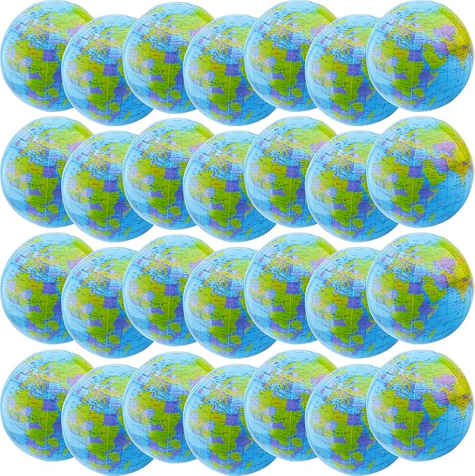 20 Pack Inflatable World Globe - 16 Inch Blow Up Earth Beach Ball for Summer Beach Party Favors