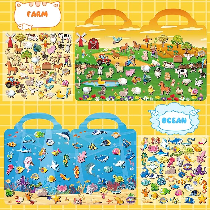 6Set Puffy Sticker Books for Kids, 3D Reusable Stickers Books for Toddlers 3-5,Farm+Animal+Dinosaurs+Ocean World+Space+Vehicle