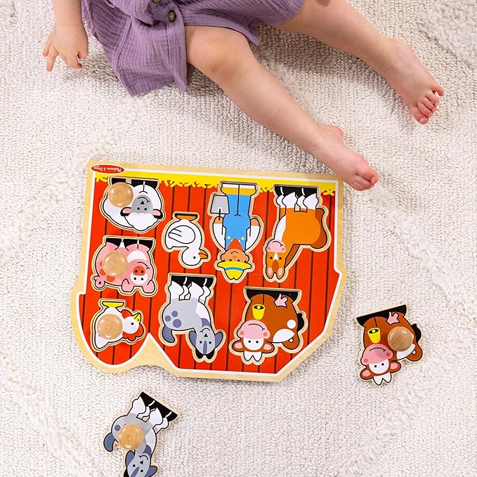Melissa & Doug Farm Animals Jumbo Knob Puzzle, Wooden Peg Puzzle for Toddlers, Educational Toy for Shape Recognition and Fine Motor Skills, Ages 1+