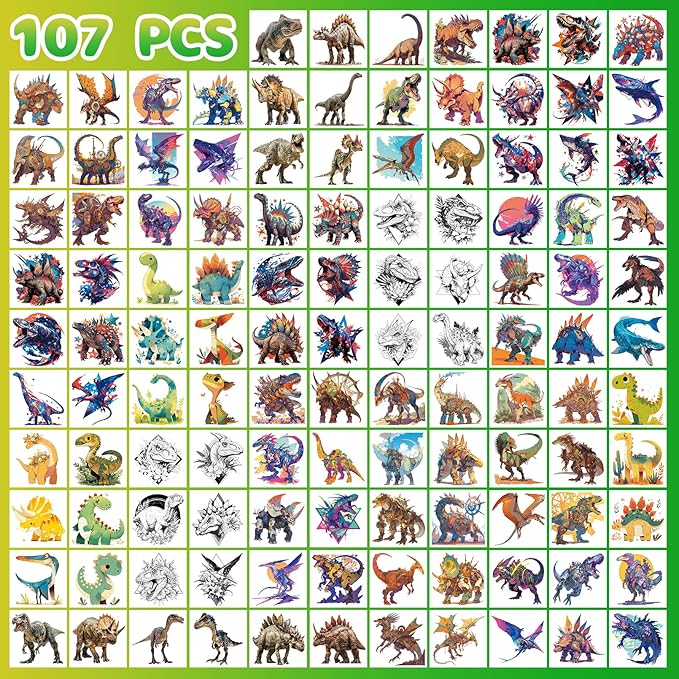Aresvns Cute Dinosaur Temporary Tattoos for Kids, 117 Parttens Fake Cartoon Colorful Waterproof Tiny Tattoos for Girls Boys Birthday Party Summer Swimming Pool BBQ Decoration Supplies