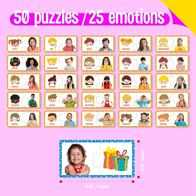 Feelings & Emotions Puzzle Cards, 50PCS Puzzles with Different Moods-Learn to Identify Various Feelings, Learning Toy for Kids with Autism, ADHD -Educational Tools for Therapy, Classroom, Home Use