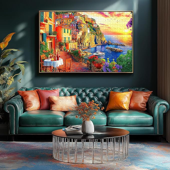 1000 Piece Jigsaw Puzzle for Adults Cinque Terre Mediterranean Coastal Village Sunset Harbor Scene 27x20 Inch Puzzle with Colorful Buildings Puzzles for Game Night & Home Decor
