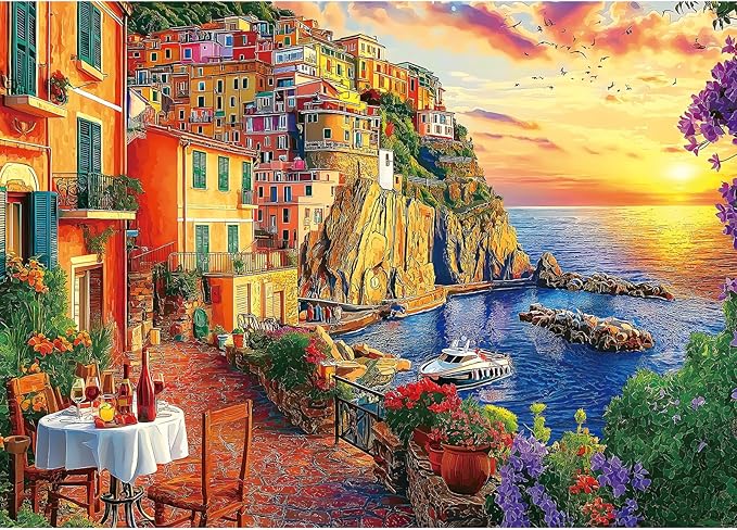 1000 Piece Jigsaw Puzzle for Adults Cinque Terre Mediterranean Coastal Village Sunset Harbor Scene 27x20 Inch Puzzle with Colorful Buildings Puzzles for Game Night & Home Decor
