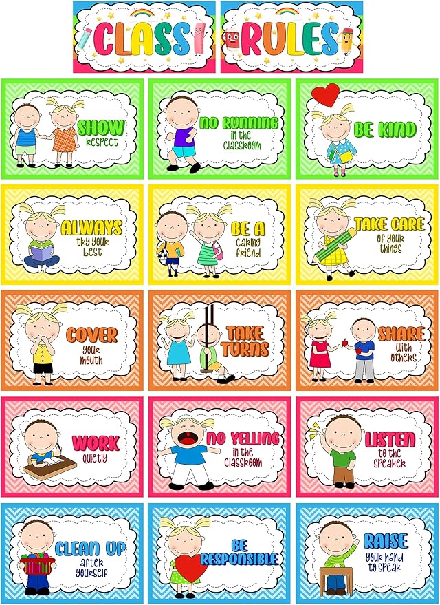 Alpurple 17 Pcs A4 Classroom Rules, Preschool Class Rules Posters, Classroom Rule Bulletin Board Decorations for Kindergarten Preschool Elementary School