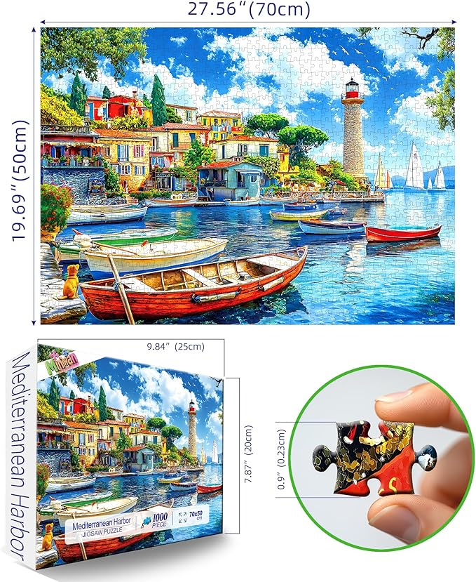 1000 Piece Jigsaw Puzzle for Adults Seaside Harbor Colorful Houses Lighthouse Sailboats Scene Beautiful Mediterranean Sea Landscape Challenging Coastal Village Puzzle for Adults Families27.6 x19.7